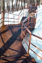 Vertical shot of an old rusty stairway in a snow-covered park