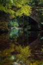 Vertical shot of an old stone bridge over a river in forest and its reflection in the water Royalty Free Stock Photo