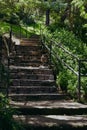 Vertical shot of old stone stairs and metal railing surrounded by lush greenery in a park Royalty Free Stock Photo
