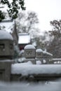 Vertical shot of an ornamented stone fencing covered in snow on the blurred background Royalty Free Stock Photo