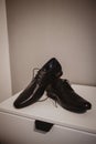 Vertical shot of a pair of black shoes on a white surface Royalty Free Stock Photo