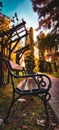 Vertical shot of a park with wooden benches and colorful fall trees during sunset Royalty Free Stock Photo