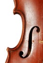 Vertical shot of a part of vintage violin on white background