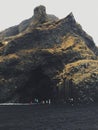 Vertical shot of people in Reynisfjara Beach in Iceland