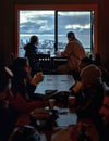 Vertical shot of people sitting in the cafe with Mount Baldy view, Los Angeles, CA, USA