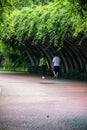 Vertical shot of people walking in the evergreen Dongpo Urban Wetland Park in Meishan, China