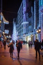 Vertical shot of people walking under Christmas decorations in the street of Budapest at night