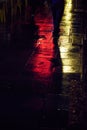 Vertical shot of people walking on the wet pavement reflecting the lights at night Royalty Free Stock Photo