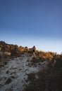 Vertical shot of a person climbing a hill covered with bushes in Alicante, Spain