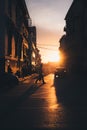 Vertical shot of a person crossing the street at golden hour