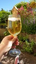 Vertical shot of a person hand holds a glass of white wine outdoors Royalty Free Stock Photo