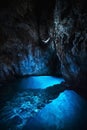 Vertical shot of a person jumping into clear blue water in a cave