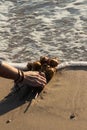 Vertical shot of a person putting a bouquet of dried roses on the beach surrounded by the sea Royalty Free Stock Photo