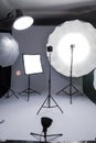 Vertical shot of a photo studio with lighting pieces of equipment