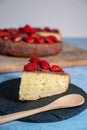 vertical shot of a piece of homemade cake with fresh strawberries