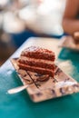 Vertical shot of a piece of a red velvet cake on a vintage patterned tray with a spoon