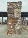 Vertical shot of piles of pressed waste paper bales in the yard, waste paper recycling concept