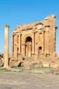 Vertical shot of the pillars and walls of the famous Roman ruins in Timgad, Algeria