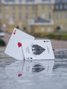 Vertical shot of playing cards in front of the palace during the rain