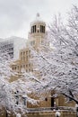 Vertical shot of the Plummer Building covered in the snow in the daylight in Rochester, Minnesota