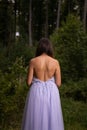 Vertical shot of the pretty woman from behind wearing a long purple dress and standing in the woods Royalty Free Stock Photo