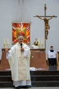 Vertical shot of a priest during Mass - central act of worship in Trencin, Slovakia