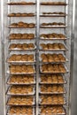 Vertical shot of the production of tasty cakes in the bakery