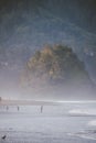 Vertical shot of Proposal Rock, Oregon in a foggy day Royalty Free Stock Photo