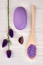 Vertical shot purple accessories for spa treatment.