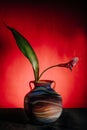 Vertical shot of a purple Calla lily flower with a fresh green leaf in a colorful vase Royalty Free Stock Photo