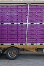 Vertical shot of purple plastic fruit containers perfectly arranged on each other in a truck