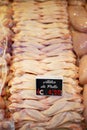 Vertical shot of raw fresh chicken meat slices on a display of a market counter with a price tag Royalty Free Stock Photo