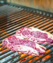 Vertical shot of raw slices of meat cooking over fire flames Royalty Free Stock Photo