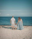 Vertical shot of rear family of mother, father, baby walking to water on sand beach under sunlight Royalty Free Stock Photo