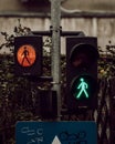 Vertical shot of red and green pedestrian traffic lights