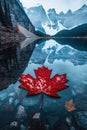 vertical shot red leaf is floating on surface of lake. maple leaf is surrounded by rocks and water is calm. Concept of tranquility Royalty Free Stock Photo