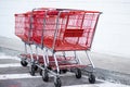 vertical shot of red shopping carts in the street