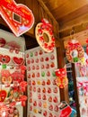 Vertical shot of red traditional Serbian sweets and souvenir shop in Vrnjacka Banja, Serbia