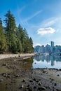 Vertical shot of the reflections of high-rise buildings in the lake of the Stanley Park, Vancouver Royalty Free Stock Photo