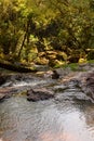 Vertical shot of a river stream passing through big rocks inside of the riverbed Royalty Free Stock Photo