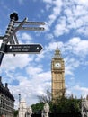 Vertical shot of road signs and the Big Ben under a blue cloudy sky in London, England