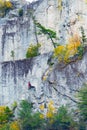 Vertical shot of a rock climber on the Seneca Rocks, West Virginia