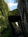 Vertical shot of rock stuck between two cliffs in Larvik, Norway