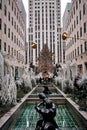 Vertical shot of the Rockefeller Center with decorations and the Christmas tree in the background Royalty Free Stock Photo