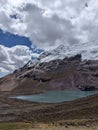 Vertical shot of the rocky Cordillera Huayhuash hiking circuit with its lakes, Peru