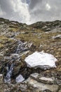 Vertical shot of a rocky mountain hill with a flowing fresh mountain river creek Royalty Free Stock Photo