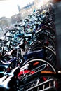 Vertical shot of a row of bicycles parked on the side of a road Royalty Free Stock Photo