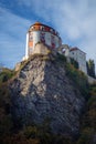 Vertical shot of the royal Castle of Vranov Nad Dyji on a rocky mountain in Czech Republic