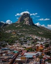 Vertical shot of the San Sebastian Bernal village with the Pena de Bernal mountain in the background