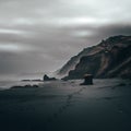 Vertical shot of the sea, a black-sand beach, and hills on a cloudy day Royalty Free Stock Photo